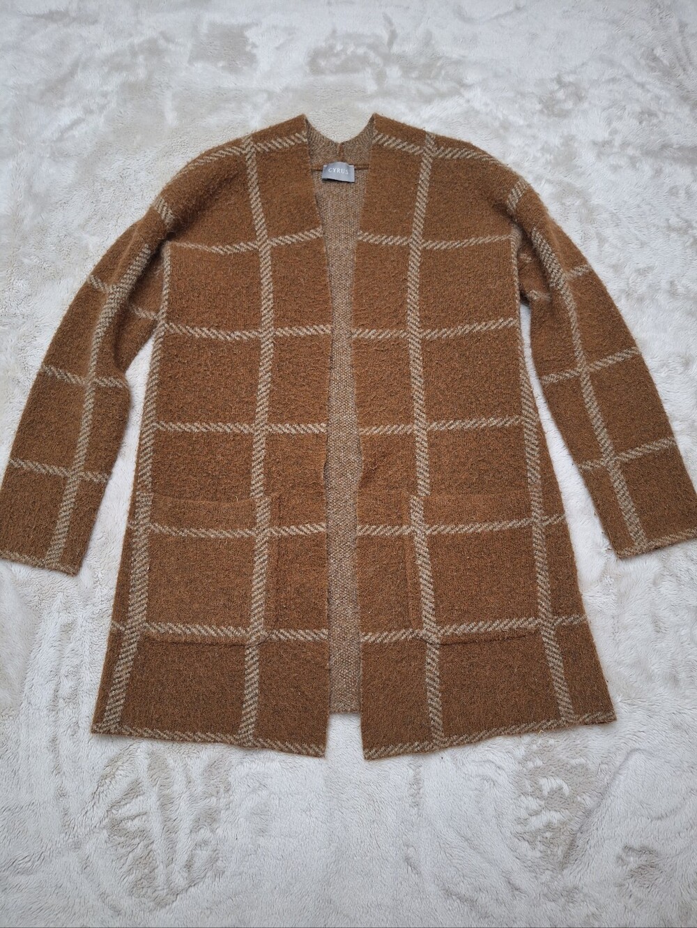 Cyrus Windowpane Plaid Open Front Cardigan Sweater Brown Medium Cozy